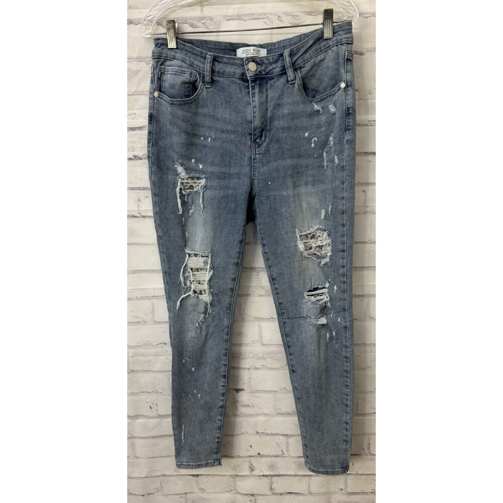 Judy Blue Size 13/31 Lace Patch Distressed Mid Rise Skinny‎ Jeans Stretch